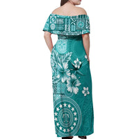 Cook Islands Off Shoulder Maxi Dress Teal Hibiscus And Stars