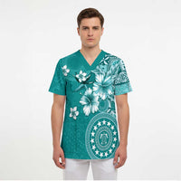 Cook Islands Scrub Top Teal Hibiscus And Stars - Polynesian Pride