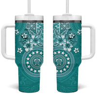 Cook Islands Tumbler With Handle Teal Hibiscus And Stars LT05 One Size: 40 oz Teal - Polynesian Pride
