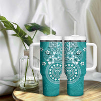 Cook Islands Tumbler With Handle Teal Hibiscus And Stars LT05 - Polynesian Pride