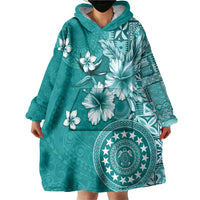 Cook Islands Wearable Blanket Hoodie Teal Hibiscus And Stars
