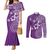 Cook Islands Couples Matching Mermaid Dress and Long Sleeve Button Shirt Purple Hibiscus And Stars