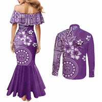 Cook Islands Couples Matching Mermaid Dress and Long Sleeve Button Shirt Purple Hibiscus And Stars
