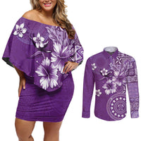 Cook Islands Couples Matching Off Shoulder Short Dress and Long Sleeve Button Shirt Purple Hibiscus And Stars