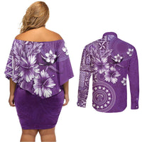 Cook Islands Couples Matching Off Shoulder Short Dress and Long Sleeve Button Shirt Purple Hibiscus And Stars