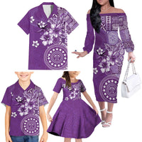 Cook Islands Family Matching Off The Shoulder Long Sleeve Dress and Hawaiian Shirt Purple Hibiscus And Stars