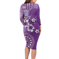 Cook Islands Long Sleeve Bodycon Dress Purple Hibiscus And Stars