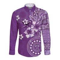 Cook Islands Long Sleeve Button Shirt Purple Hibiscus And Stars