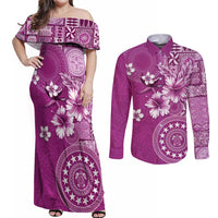 Cook Islands Couples Matching Off Shoulder Maxi Dress and Long Sleeve Button Shirt Fandango Hibiscus And Stars