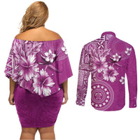 Cook Islands Couples Matching Off Shoulder Short Dress and Long Sleeve Button Shirt Fandango Hibiscus And Stars