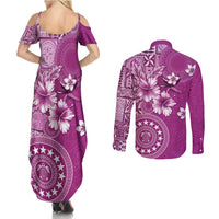 Cook Islands Couples Matching Summer Maxi Dress and Long Sleeve Button Shirt Fandango Hibiscus And Stars