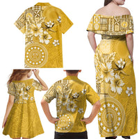 Cook Islands Family Matching Off Shoulder Maxi Dress and Hawaiian Shirt Yellow Hibiscus And Stars