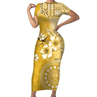 Cook Islands Family Matching Short Sleeve Bodycon Dress and Hawaiian Shirt Yellow Hibiscus And Stars