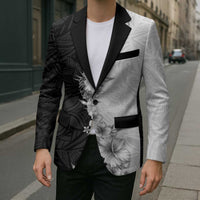 Hawaii Hibiscus Flowers Blazer Grayscale Polynesian Pattern