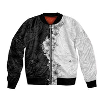 Hawaii Hibiscus Flowers Bomber Jacket Grayscale Polynesian Pattern LT05 Unisex Black - Polynesian Pride