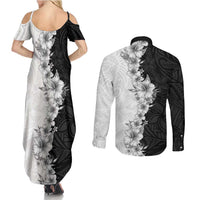 Hawaii Hibiscus Flowers Couples Matching Summer Maxi Dress and Long Sleeve Button Shirt Grayscale Polynesian Pattern LT05 - Polynesian Pride