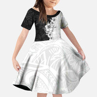 Hawaii Hibiscus Flowers Family Matching Long Sleeve Bodycon Dress and Hawaiian Shirt Grayscale Polynesian Pattern