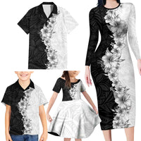 Hawaii Hibiscus Flowers Family Matching Long Sleeve Bodycon Dress and Hawaiian Shirt Grayscale Polynesian Pattern