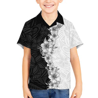 Hawaii Hibiscus Flowers Family Matching Long Sleeve Bodycon Dress and Hawaiian Shirt Grayscale Polynesian Pattern