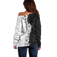 Hawaii Hibiscus Flowers Off Shoulder Sweater Grayscale Polynesian Pattern LT05 - Polynesian Pride