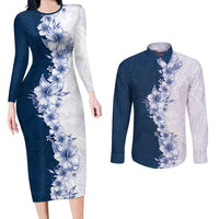 Hawaii Hibiscus Flowers Couples Matching Long Sleeve Bodycon Dress and Long Sleeve Button Shirt Blue Polynesian Pattern LT05 Blue - Polynesian Pride