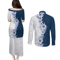 Hawaii Hibiscus Flowers Couples Matching Puletasi and Long Sleeve Button Shirt Blue Polynesian Pattern LT05 - Polynesian Pride