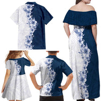 Hawaii Hibiscus Flowers Family Matching Off Shoulder Maxi Dress and Hawaiian Shirt Blue Polynesian Pattern