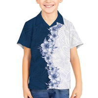 Hawaii Hibiscus Flowers Family Matching Off Shoulder Maxi Dress and Hawaiian Shirt Blue Polynesian Pattern