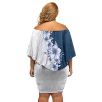 Hawaii Hibiscus Flowers Off Shoulder Short Dress Blue Polynesian Pattern