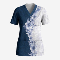 Hawaii Hibiscus Flowers Scrub Top Blue Polynesian Pattern LT05 Adult Blue - Polynesian Pride