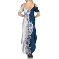 Hawaii Hibiscus Flowers Summer Maxi Dress Blue Polynesian Pattern