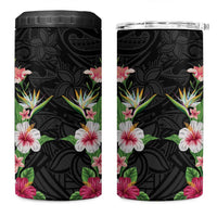 Hawaii Tropical Flowers 4 in 1 Can Cooler Tumbler Black Polynesian Tattoo Art