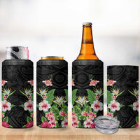 Hawaii Tropical Flowers 4 in 1 Can Cooler Tumbler Black Polynesian Tattoo Art