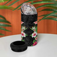Hawaii Tropical Flowers 4 in 1 Can Cooler Tumbler Black Polynesian Tattoo Art