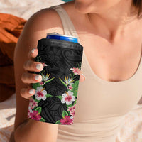 Hawaii Tropical Flowers 4 in 1 Can Cooler Tumbler Black Polynesian Tattoo Art