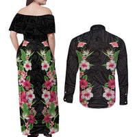 Hawaii Tropical Flowers Couples Matching Off Shoulder Maxi Dress and Long Sleeve Button Shirt Black Polynesian Tattoo Art