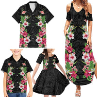 Hawaii Tropical Flowers Family Matching Summer Maxi Dress and Hawaiian Shirt Black Polynesian Tattoo Art
