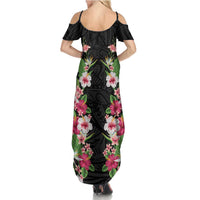 Hawaii Tropical Flowers Family Matching Summer Maxi Dress and Hawaiian Shirt Black Polynesian Tattoo Art