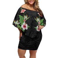 Hawaii Tropical Flowers Off Shoulder Short Dress Black Polynesian Tattoo Art