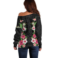 Hawaii Tropical Flowers Off Shoulder Sweater Black Polynesian Tattoo Art