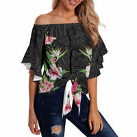Hawaii Tropical Flowers Off Shoulder Wrap Waist Top Black Polynesian Tattoo Art LT05 - Polynesian Pride
