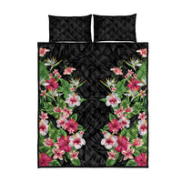Hawaii Tropical Flowers Quilt Bed Set Black Polynesian Tattoo Art LT05 - Polynesian Pride