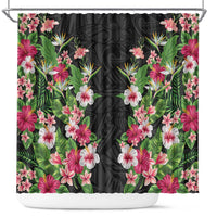 Hawaii Tropical Flowers Shower Curtain Black Polynesian Tattoo Art