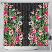 Hawaii Tropical Flowers Shower Curtain Black Polynesian Tattoo Art