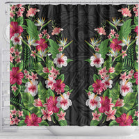 Hawaii Tropical Flowers Shower Curtain Black Polynesian Tattoo Art