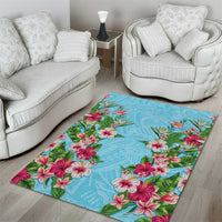 Hawaii Tropical Flowers Area Rug Sky Blue Polynesian Tattoo Art