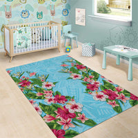 Hawaii Tropical Flowers Area Rug Sky Blue Polynesian Tattoo Art