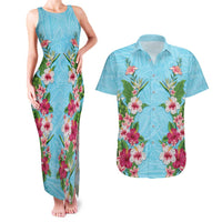 Hawaii Tropical Flowers Couples Matching Tank Maxi Dress and Hawaiian Shirt Sky Blue Polynesian Tattoo Art