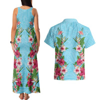 Hawaii Tropical Flowers Couples Matching Tank Maxi Dress and Hawaiian Shirt Sky Blue Polynesian Tattoo Art