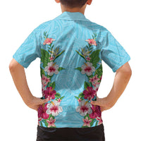 Hawaii Tropical Flowers Family Matching Summer Maxi Dress and Hawaiian Shirt Sky Blue Polynesian Tattoo Art